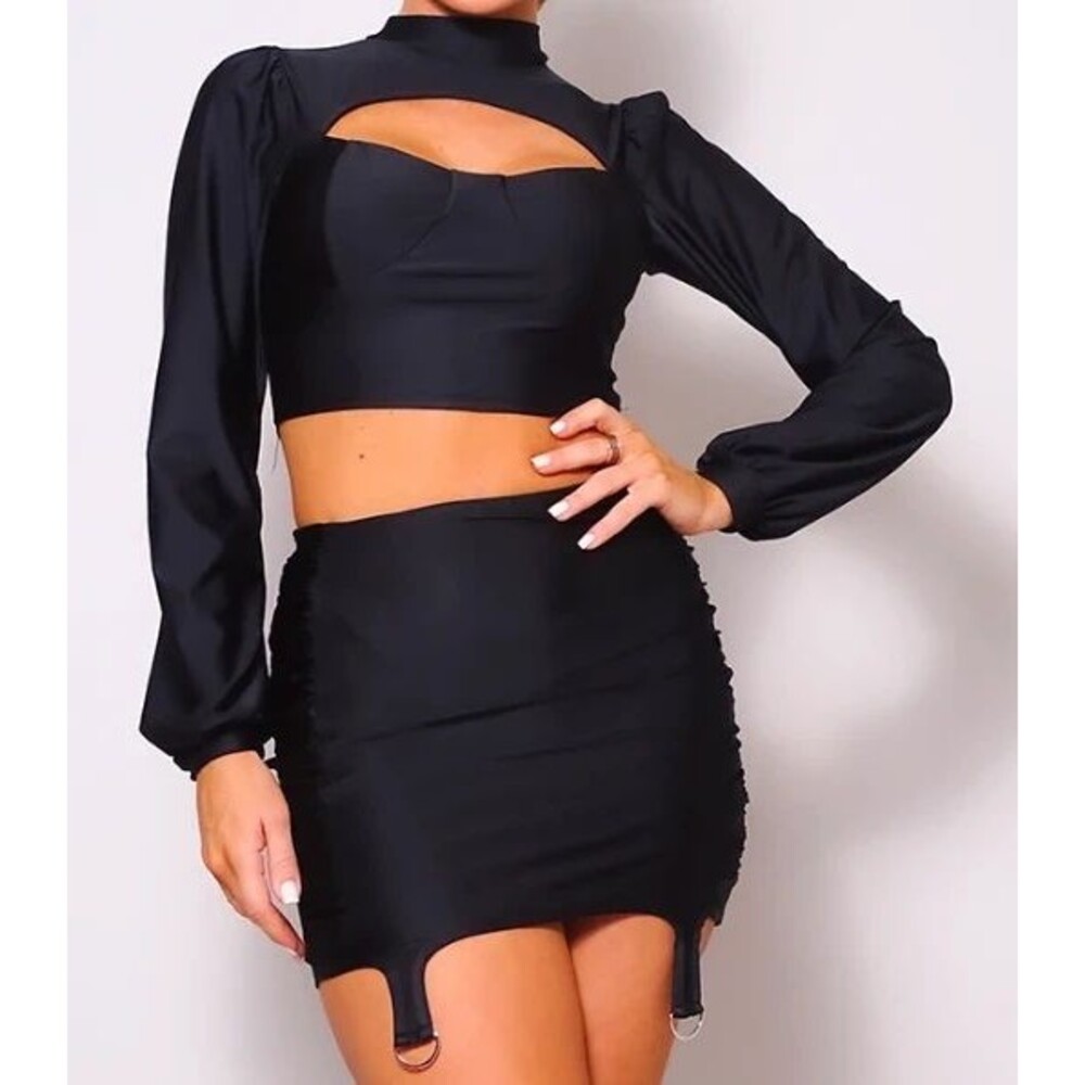 Puff long sleeve front cutout turtleneck blouse & side ruched mini skirt set